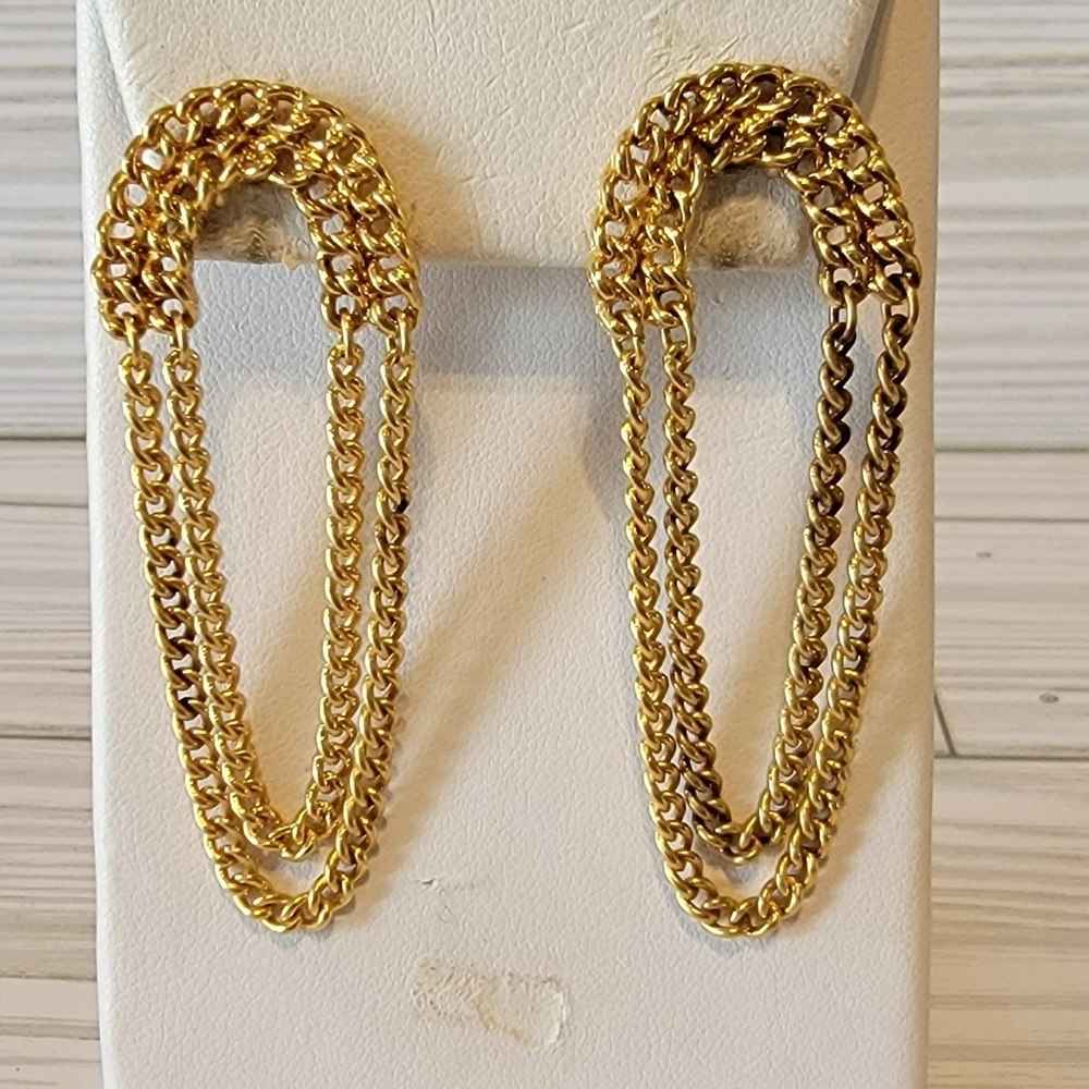 Vintage Gold Tone Multi Chain Swag Dangle Pierced Statement Earrings